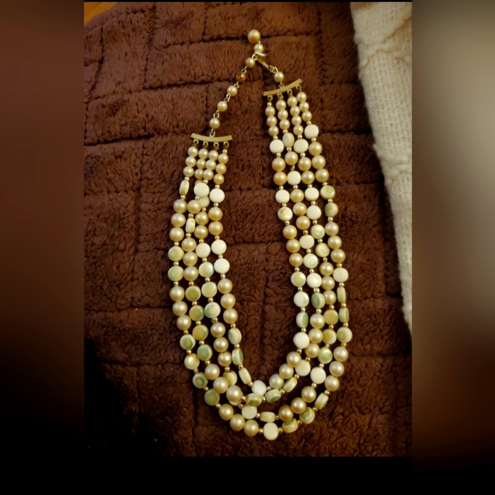 Vintage Japan Multi strand White Bead Adjustable necklace. Signed Japan.
